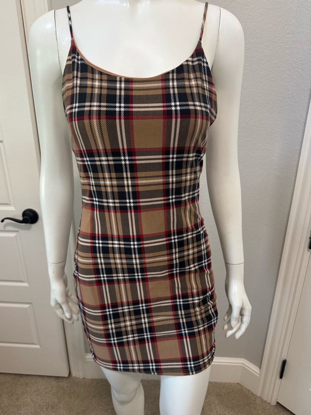 Lovely Day (Burberry colors) Plaid Spaghetti-Strap Mini Dress - Tan, Black & Red